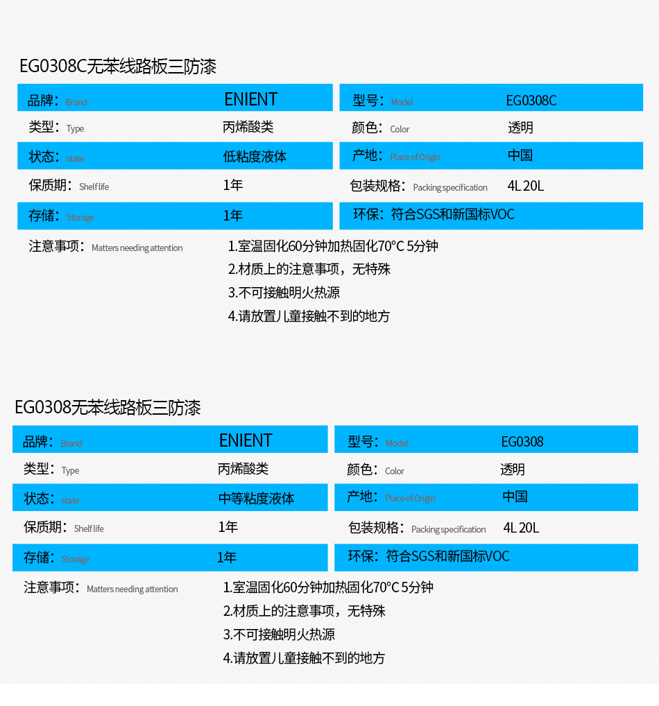 EG0308無苯線路板三防漆具有優(yōu)異的防水、防潮、防塵、絕緣性能，同時耐冷熱沖擊、耐老化、耐輻射、耐鹽霧、耐腐蝕、耐振動、耐電弧，柔韌性、附著力等性能良好，帶熒光指示，可檢查噴涂是否到位。