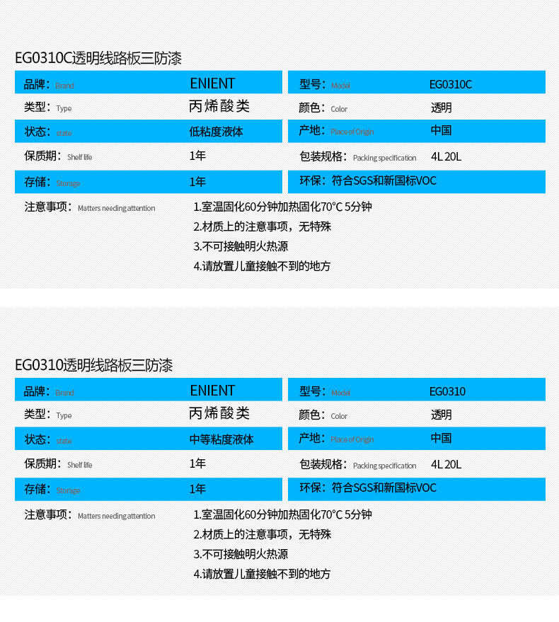 EG0310透明線路板三防漆具有優(yōu)異的防水、防潮、防塵、絕緣性能，同時耐冷熱沖擊、耐老化、耐輻射、耐鹽霧、耐腐蝕、耐振動、耐電弧，柔韌性、附著力等性能良好，帶熒光指示，可檢查噴涂是否到位。